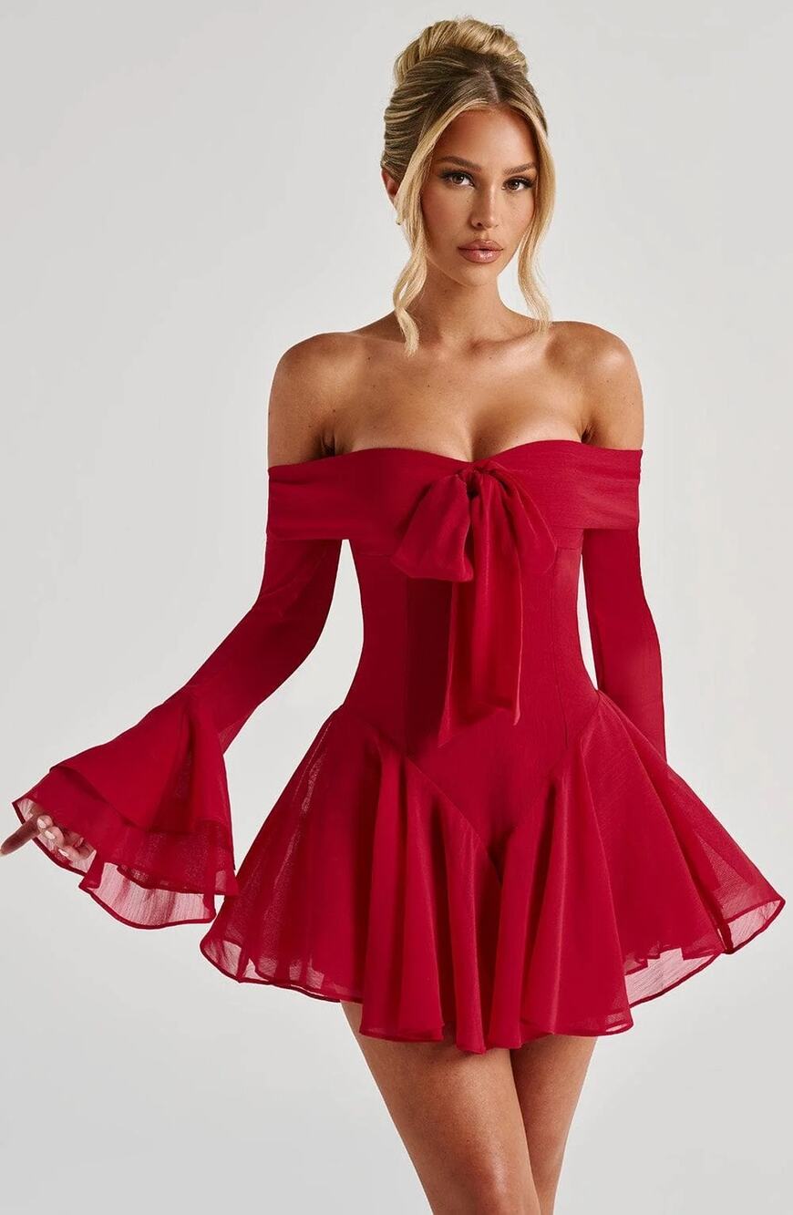 NWT Babyboo Nerissa Red Ruffle Bell Long Sleeve Romper Playsuit Womens Size M